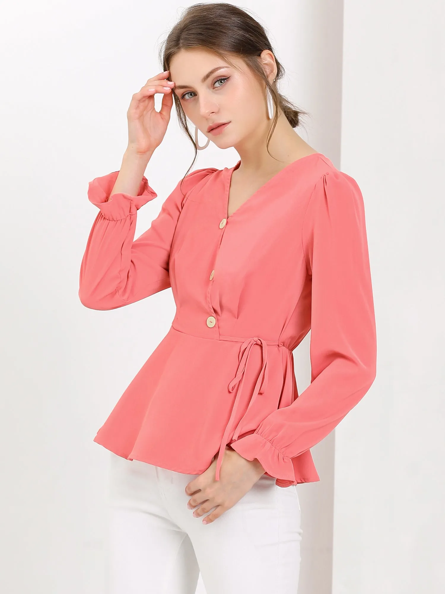 V Neck Tie Waist Button Decor Long Sleeve Peplum Blouse sold by Allegra K product image thumbnail 3