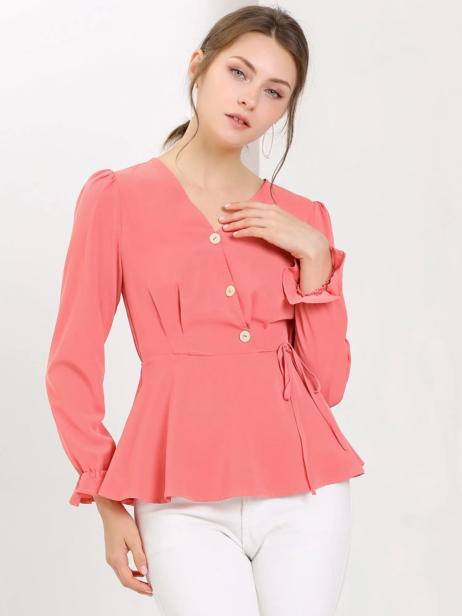 V Neck Tie Waist Button Decor Long Sleeve Peplum Blouse sold by Allegra K