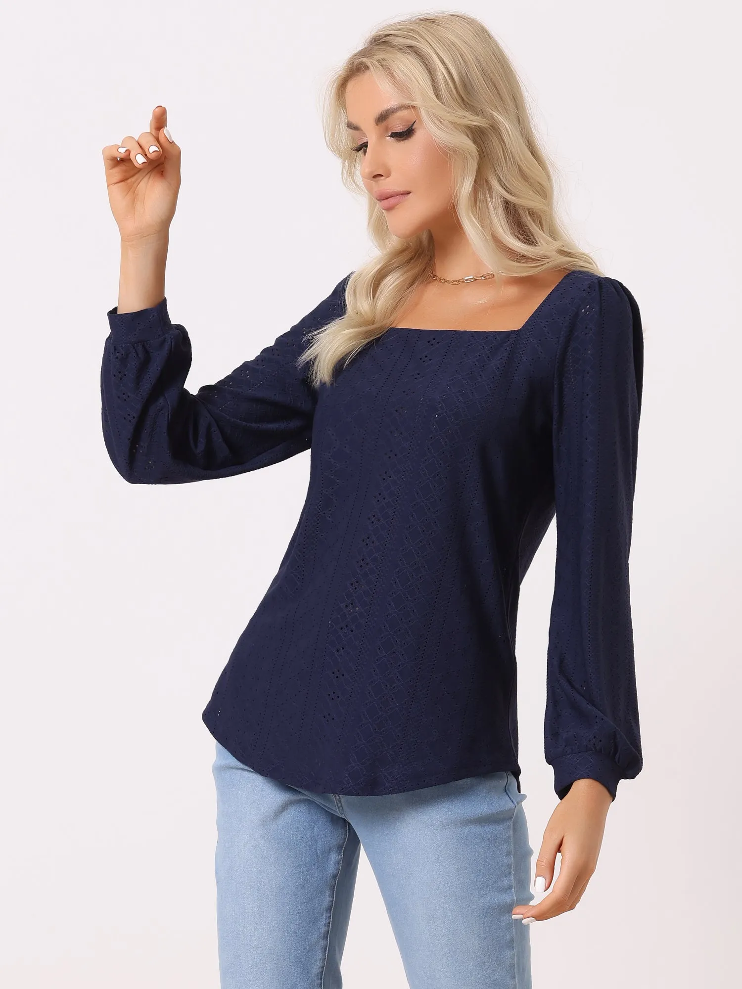 Square Neck Lantern Long Sleeve Eyelet Blouse sold by Allegra K product image thumbnail 2