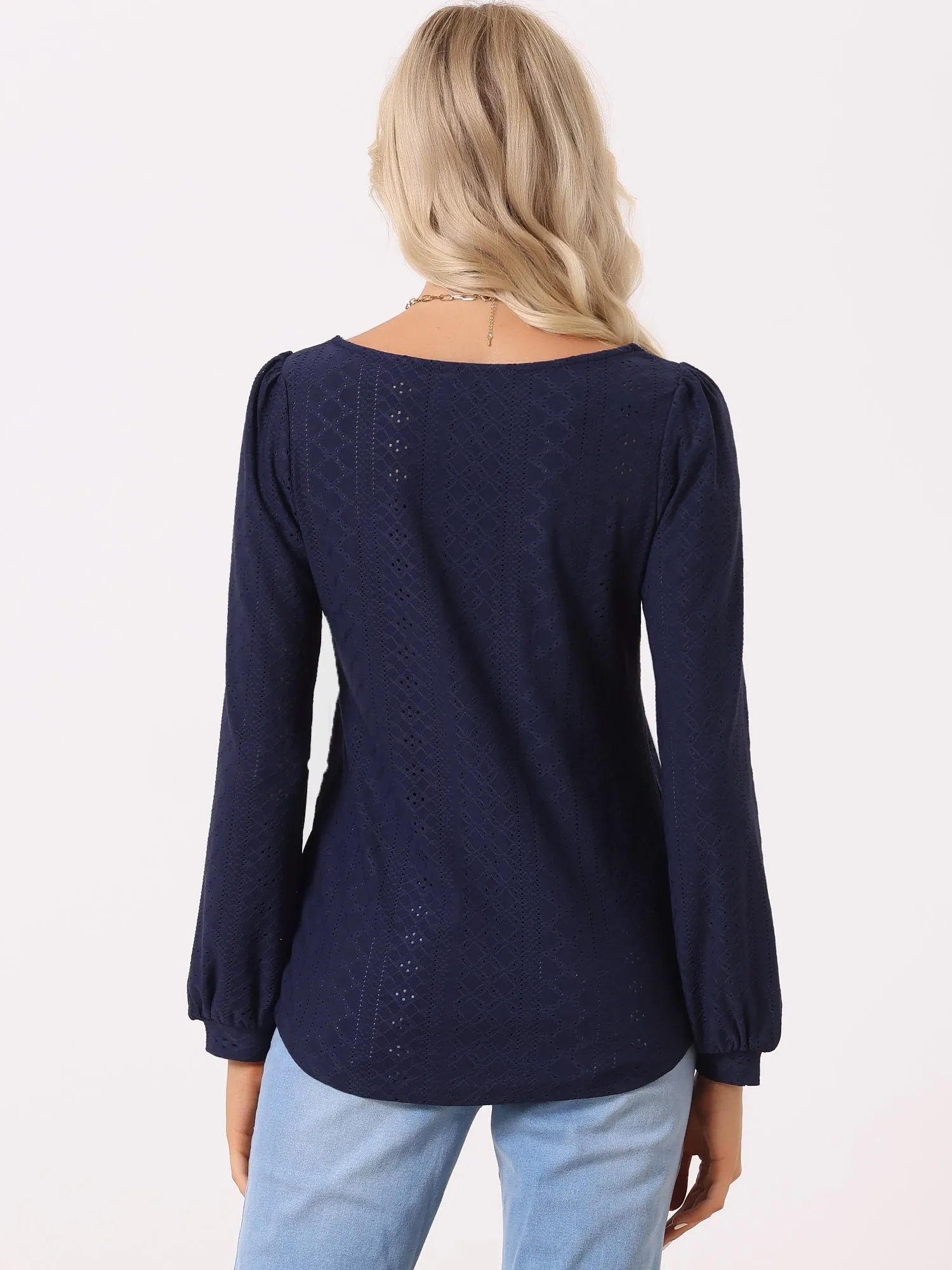 Square Neck Lantern Long Sleeve Eyelet Blouse sold by Allegra K product image thumbnail 3