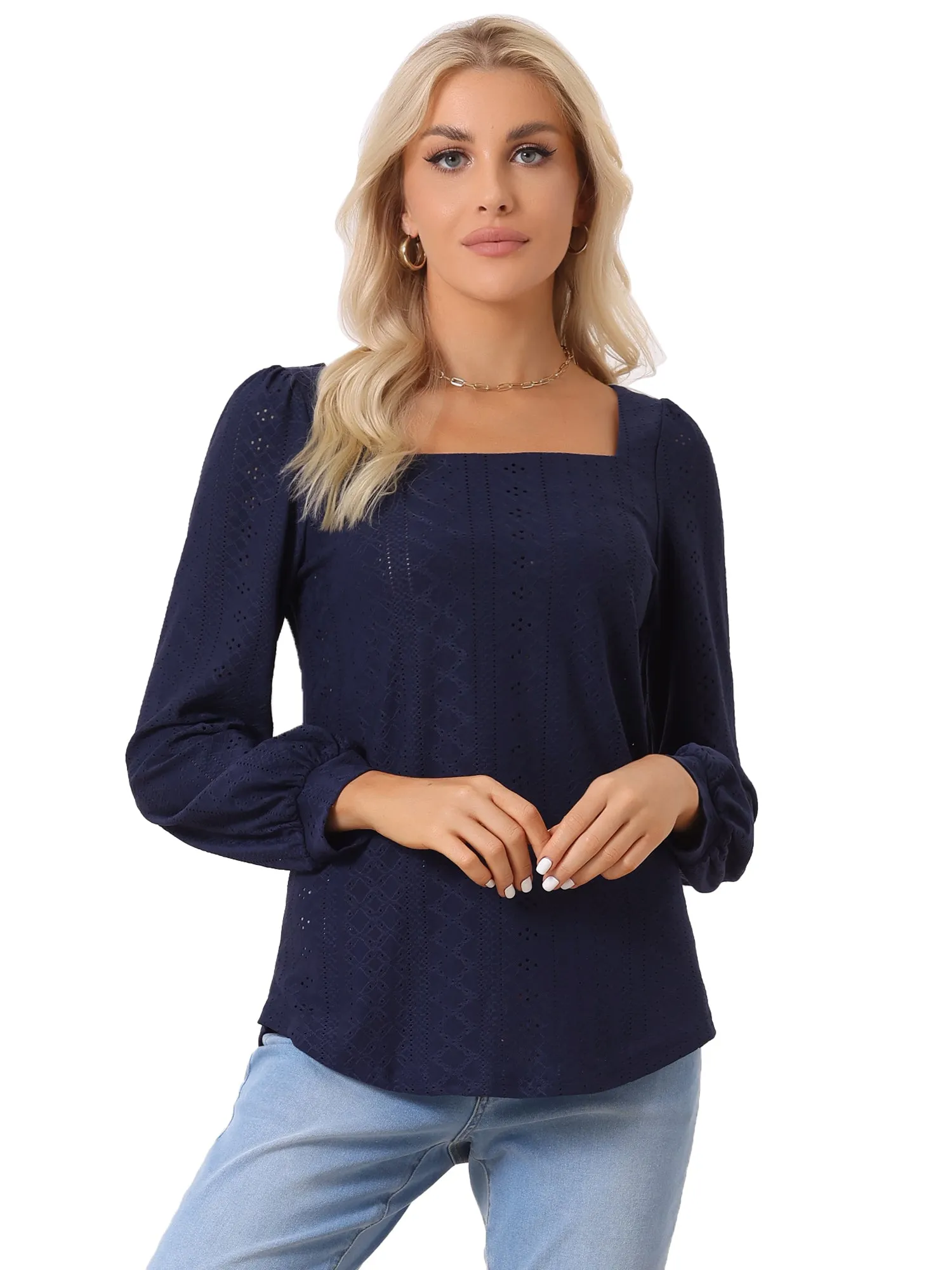 Square Neck Lantern Long Sleeve Eyelet Blouse sold by Allegra K product image thumbnail 5