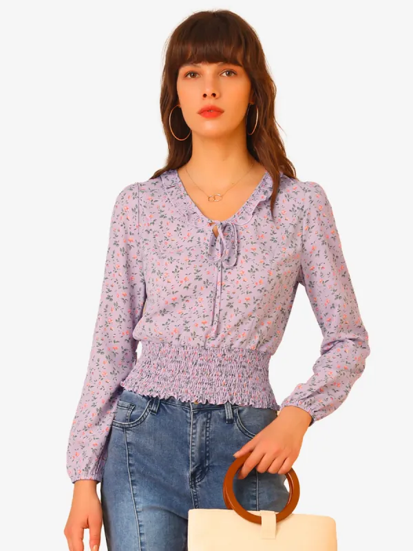 Floral Tie Neck Ruffle Collar Long Sleeve Smocked Waist Top sold by Allegra K