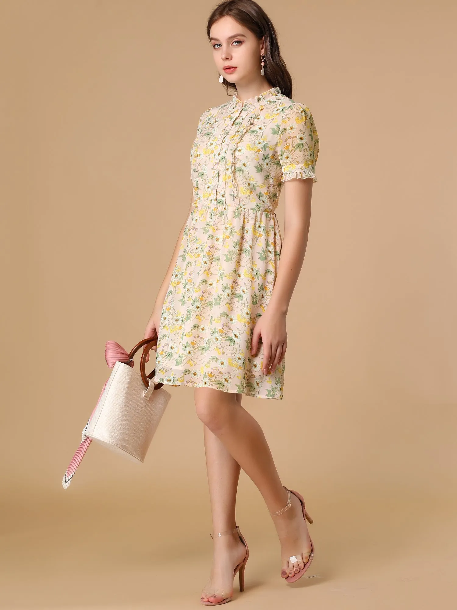 Floral Ruffle Neck Half Placket Summer Chiffon Dress sold by Allegra K product image thumbnail 3
