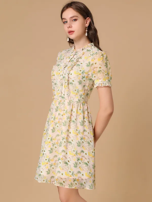 Floral Ruffle Neck Half Placket Summer Chiffon Dress sold by Allegra K