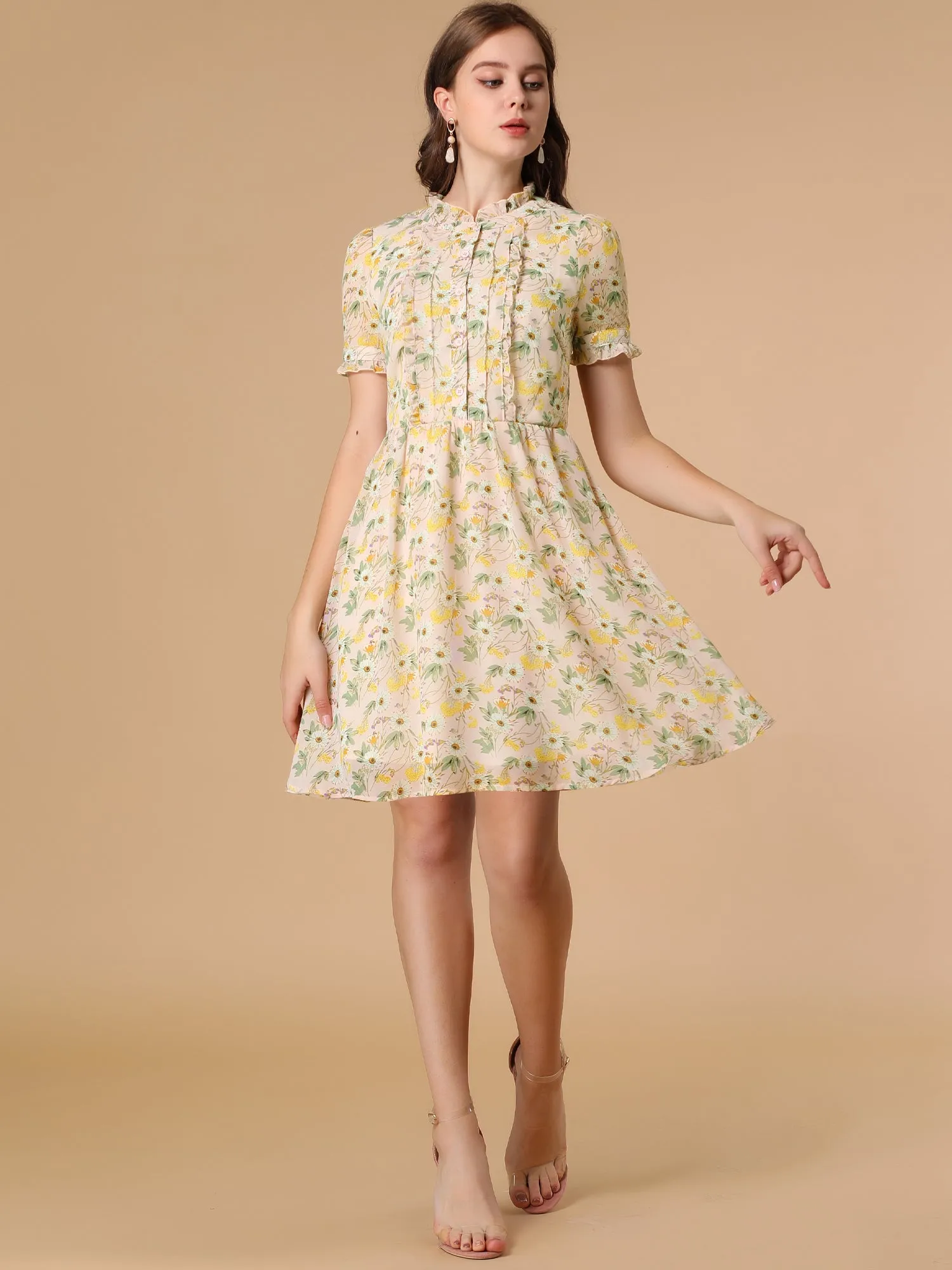 Floral Ruffle Neck Half Placket Summer Chiffon Dress sold by Allegra K product image thumbnail 2