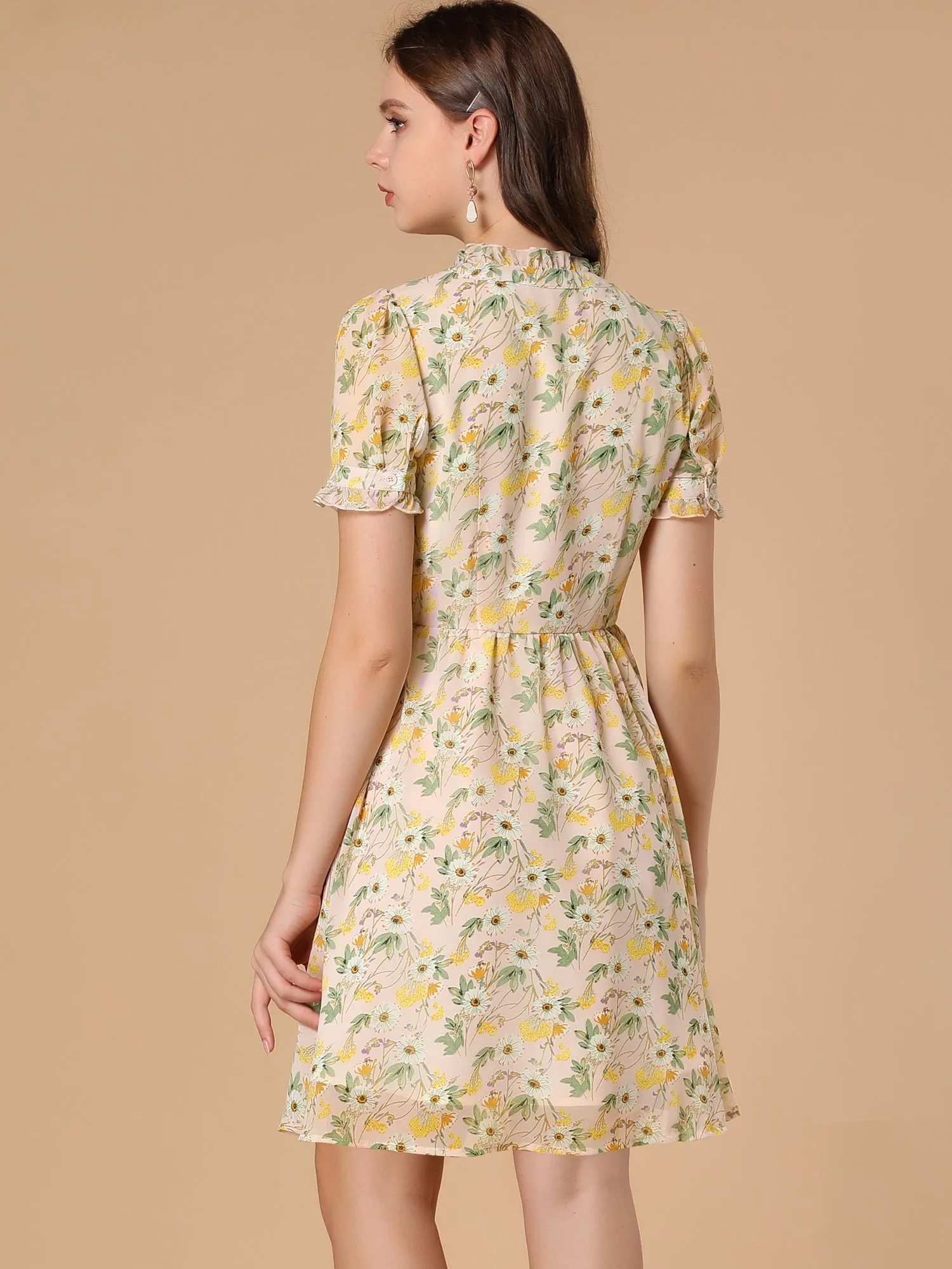 Floral Ruffle Neck Half Placket Summer Chiffon Dress sold by Allegra K product image thumbnail 4