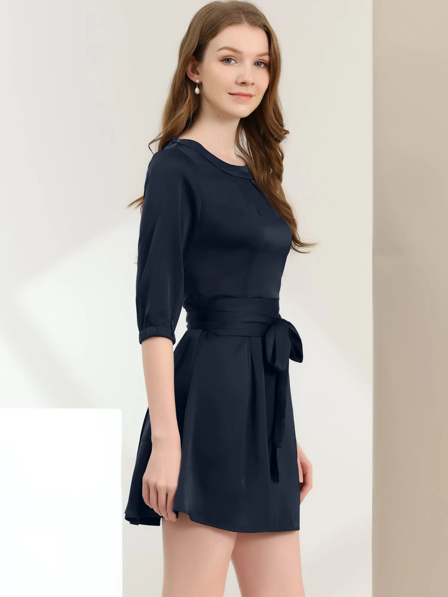 Elegant Satin Tie Waist Pleated Neck 3/4 Sleeve Work Belt Dress sold by Allegra K product image thumbnail 3