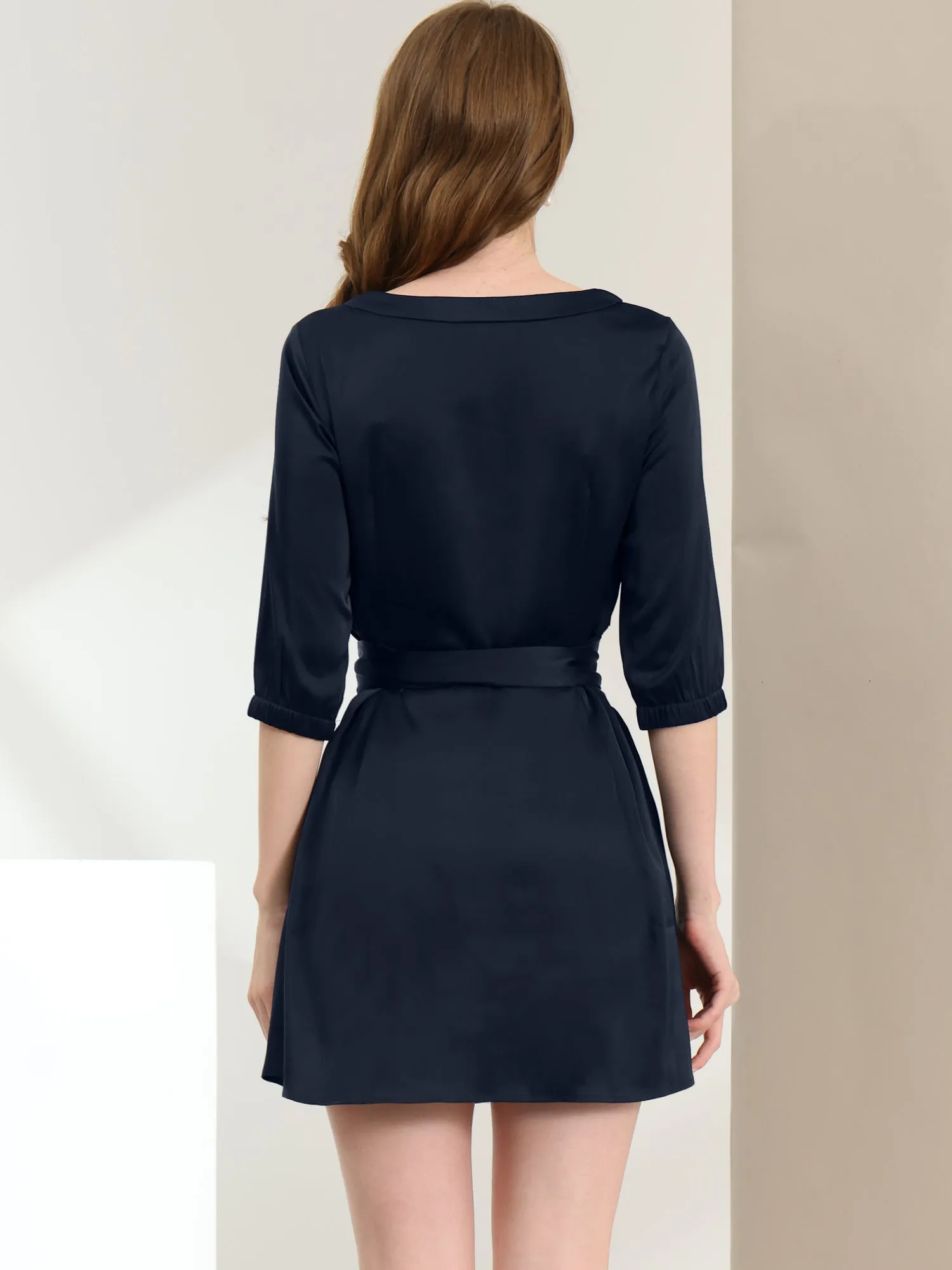 Elegant Satin Tie Waist Pleated Neck 3/4 Sleeve Work Belt Dress sold by Allegra K product image thumbnail 4