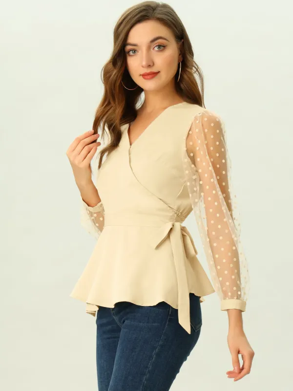 Casual V Neck Tie Waist Ruffled Hem Swiss Dots Mesh Sleeve Wrap Top sold by Allegra K