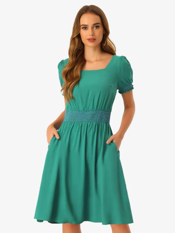 Summer A-Line Square Neck Contrast Stitch Smocked Waist Pocket Dress sold by Allegra K