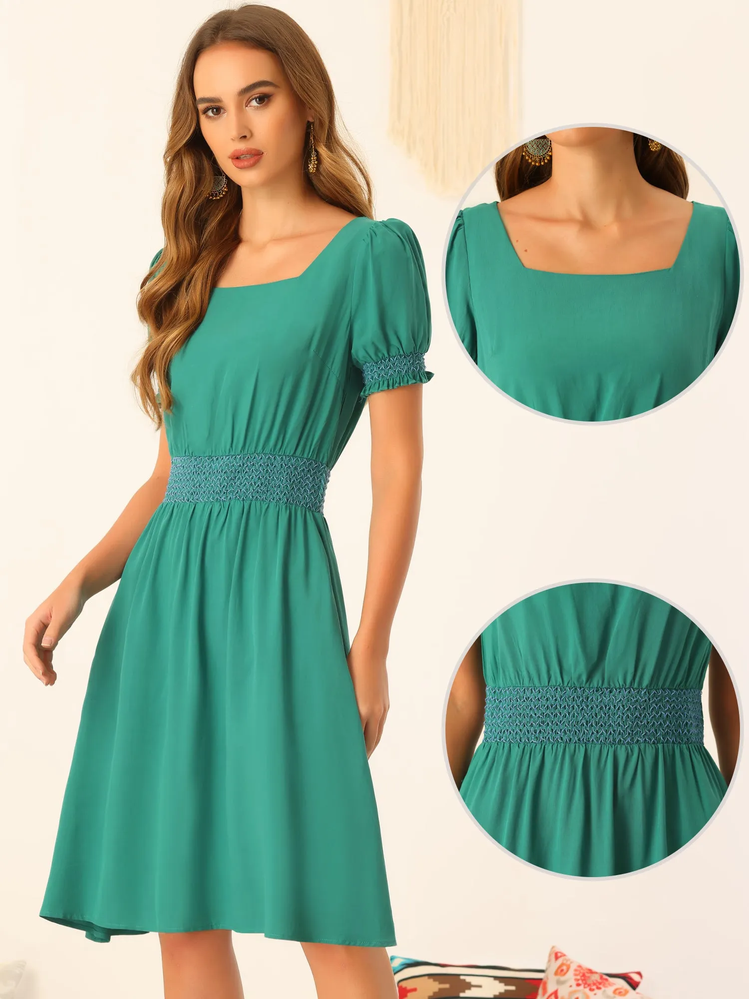 Summer A-Line Square Neck Contrast Stitch Smocked Waist Pocket Dress sold by Allegra K product image thumbnail 3