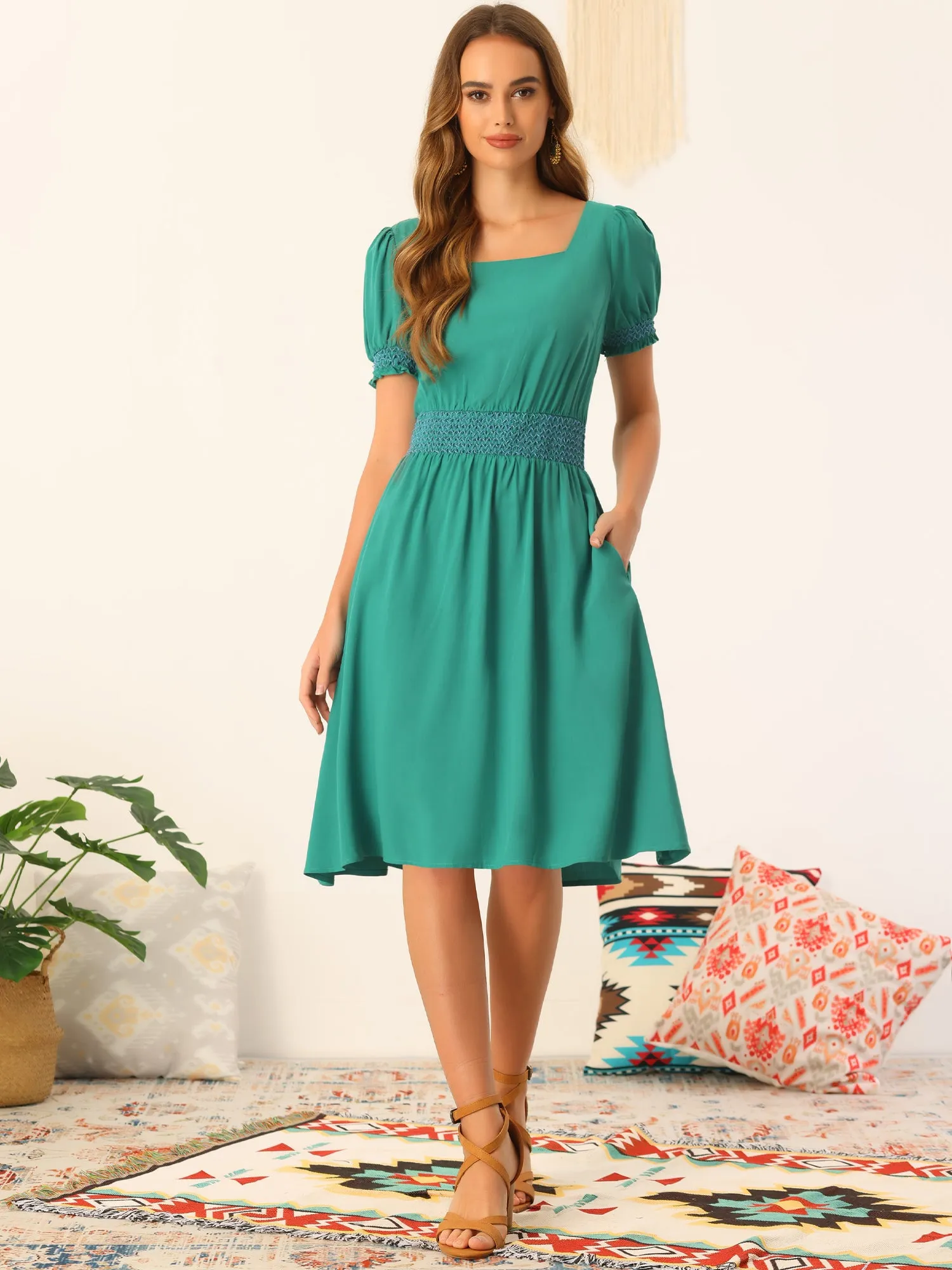 Summer A-Line Square Neck Contrast Stitch Smocked Waist Pocket Dress sold by Allegra K product image thumbnail 2