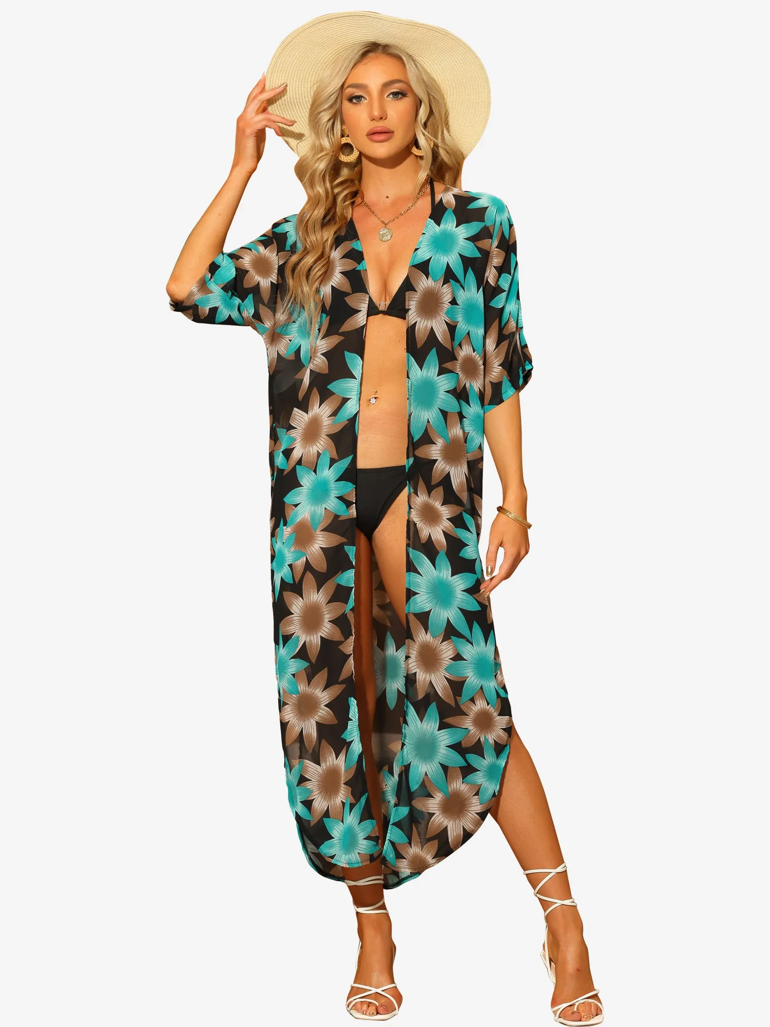 Beach Cardigan Summer Cover Up Flowy Long Boho Chiffon Kimono sold by Allegra K