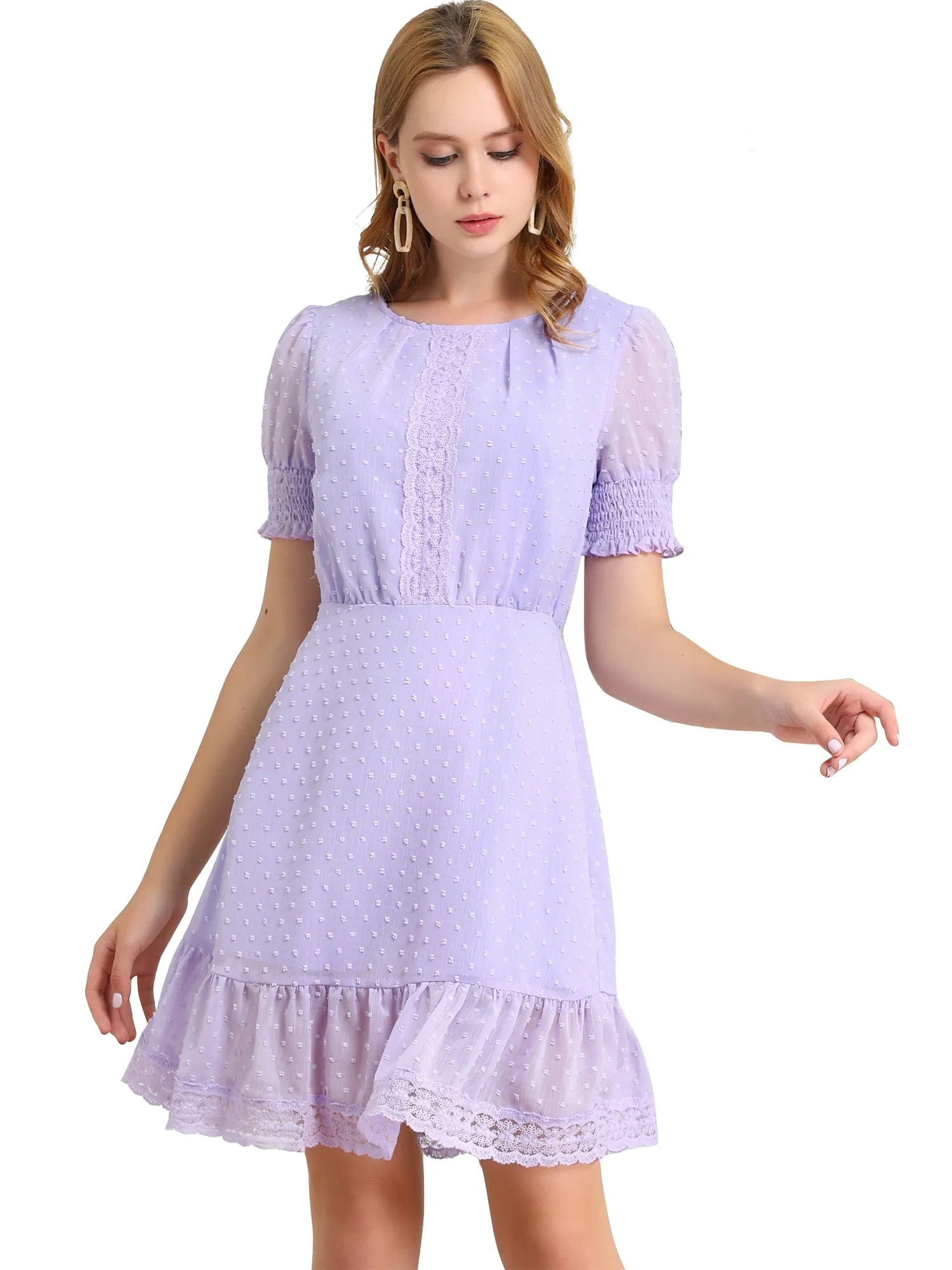 Elegant Short Sheer Sleeve Ruffle Hem Swiss Dots Chiffon Dress sold by Allegra K product image thumbnail 5