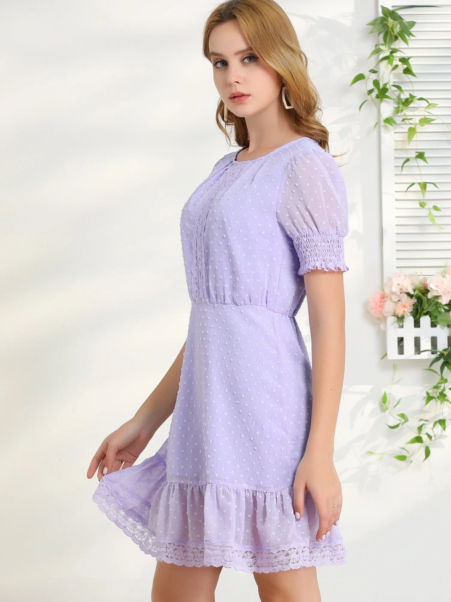 Elegant Short Sheer Sleeve Ruffle Hem Swiss Dots Chiffon Dress sold by Allegra K product image thumbnail 3