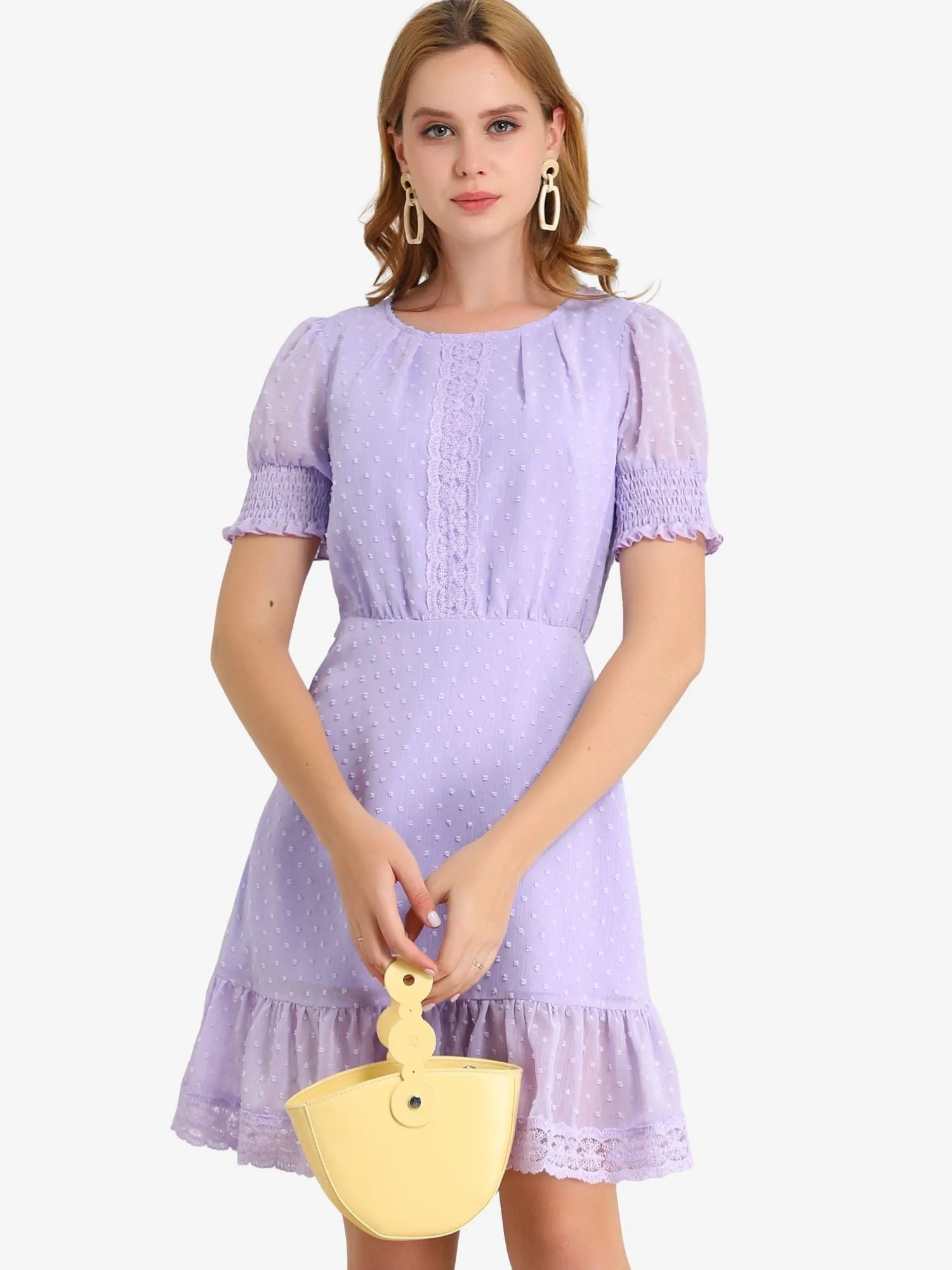 Elegant Short Sheer Sleeve Ruffle Hem Swiss Dots Chiffon Dress sold by Allegra K