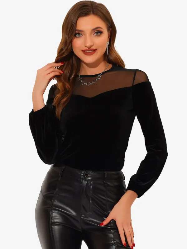 Velvet Blouse Casual Puff Sleeve Mesh Top sold by Allegra K