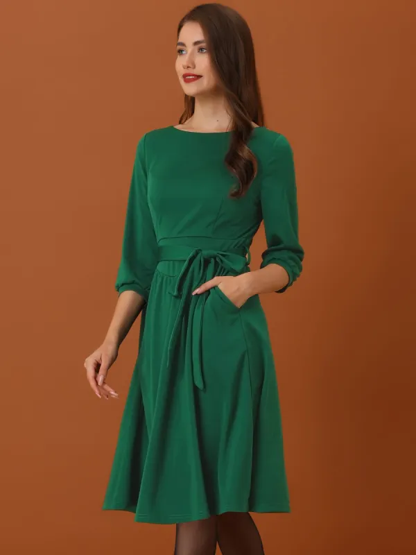 Casual A-line Boat Neckline Half Sleeve Belt Solid Dress sold by Allegra K