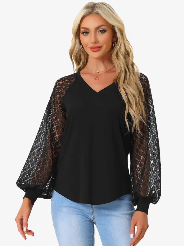 Lace Lantern Long Sleeve V Neck Casual Blouse sold by Allegra K