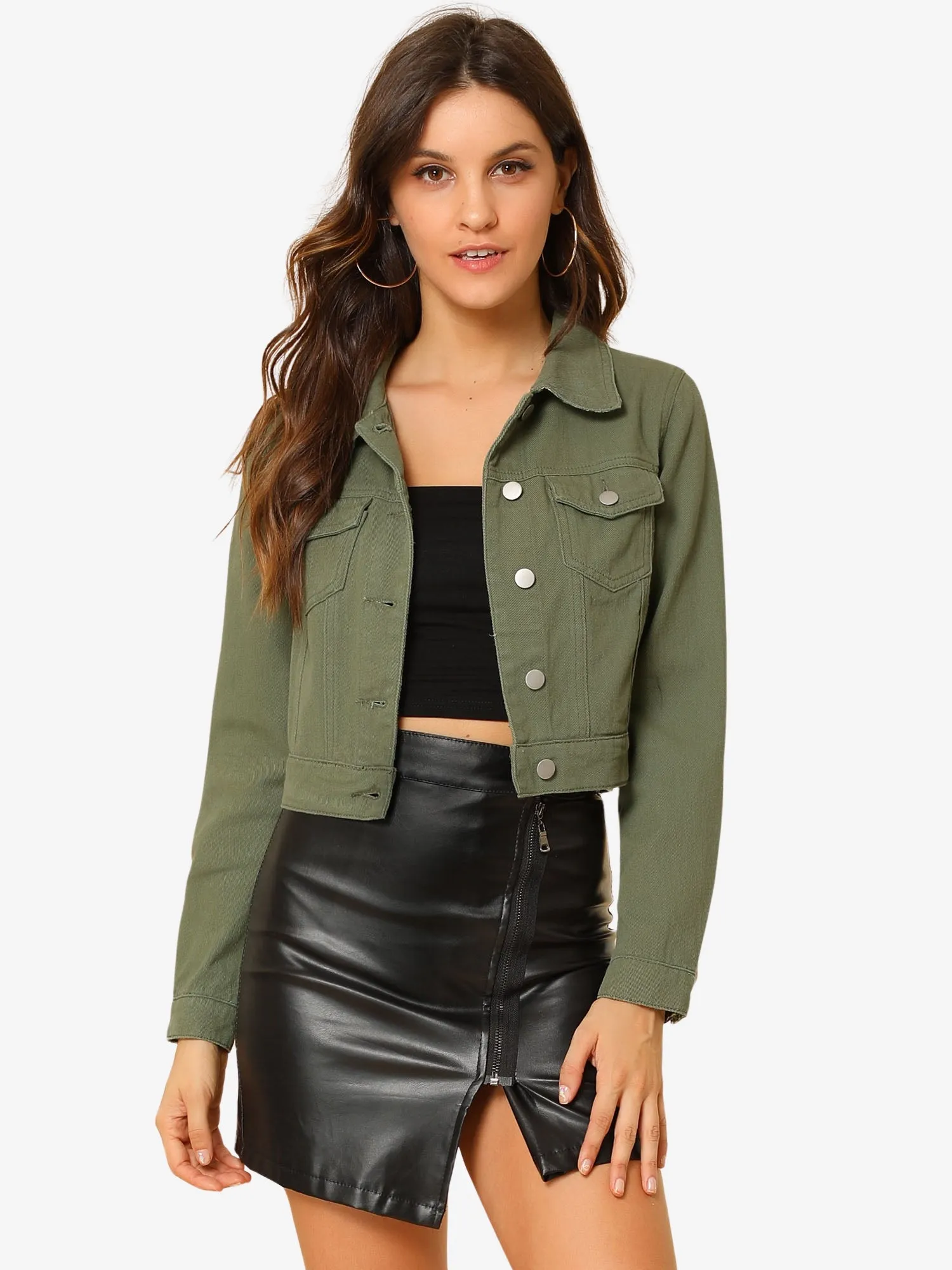 Button Down Long Sleeve Casual Cropped Denim Jacket sold by Allegra K