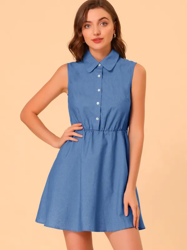 Summer Lapel Sleeveless Denim Button Belted Short Shirt Dress sold by Allegra K