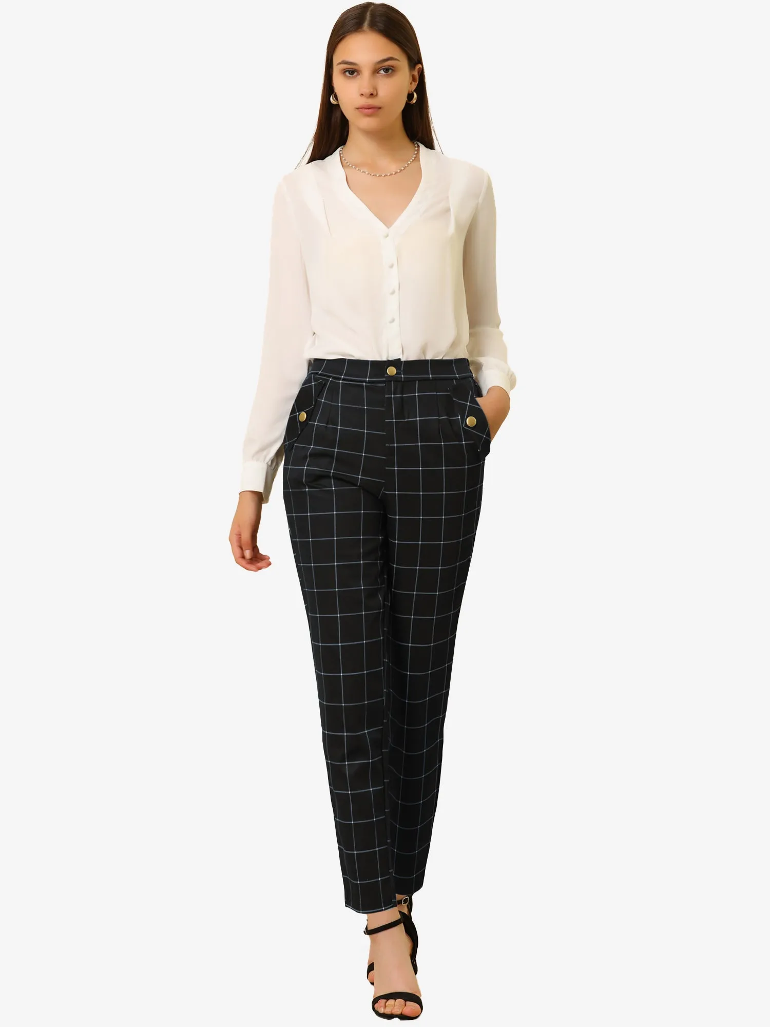 Vintage Tartan Plaid Pants Elastic Waist Straight Long Trousers sold by Allegra K