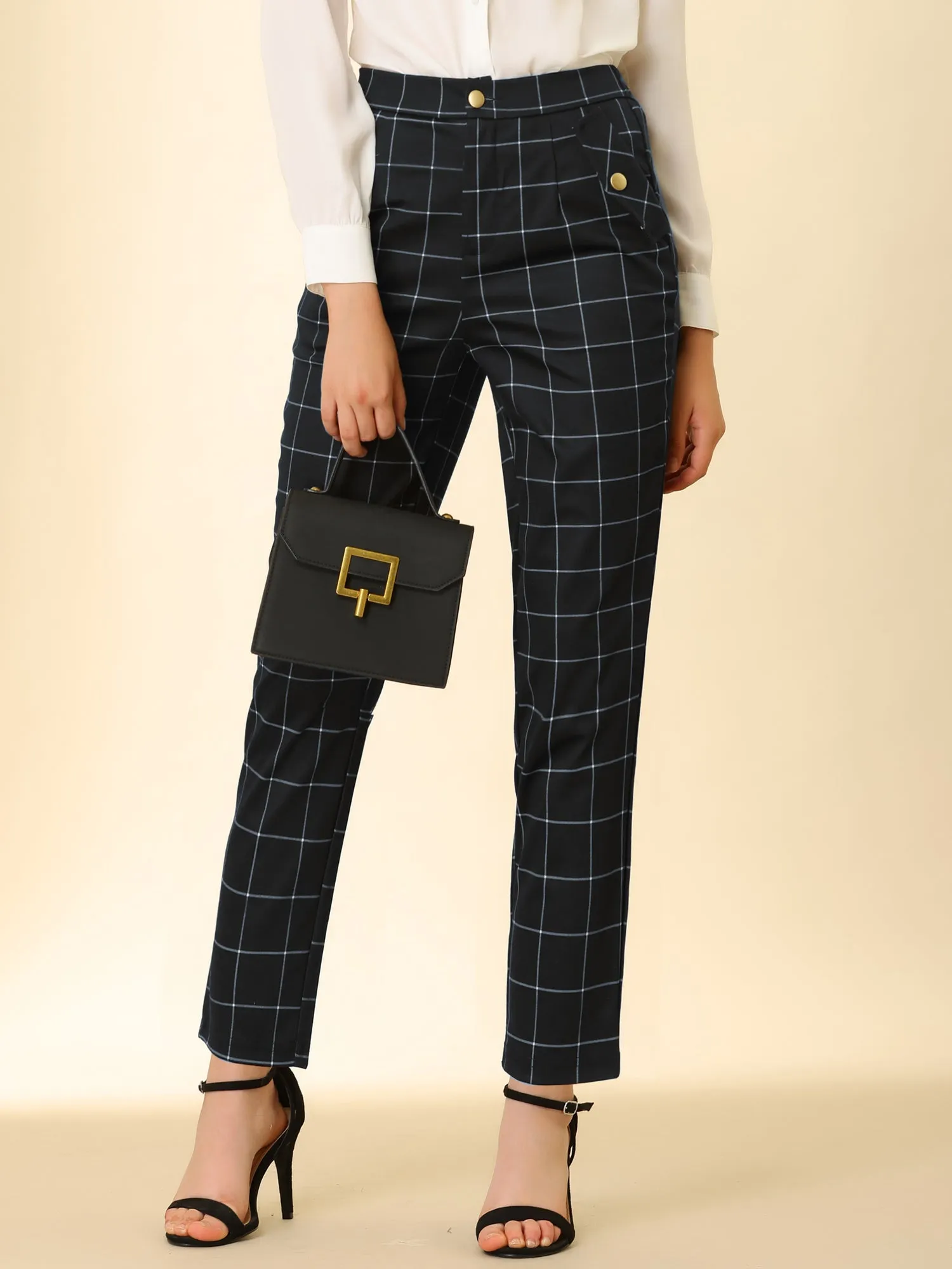 Vintage Tartan Plaid Pants Elastic Waist Straight Long Trousers sold by Allegra K product image thumbnail 3