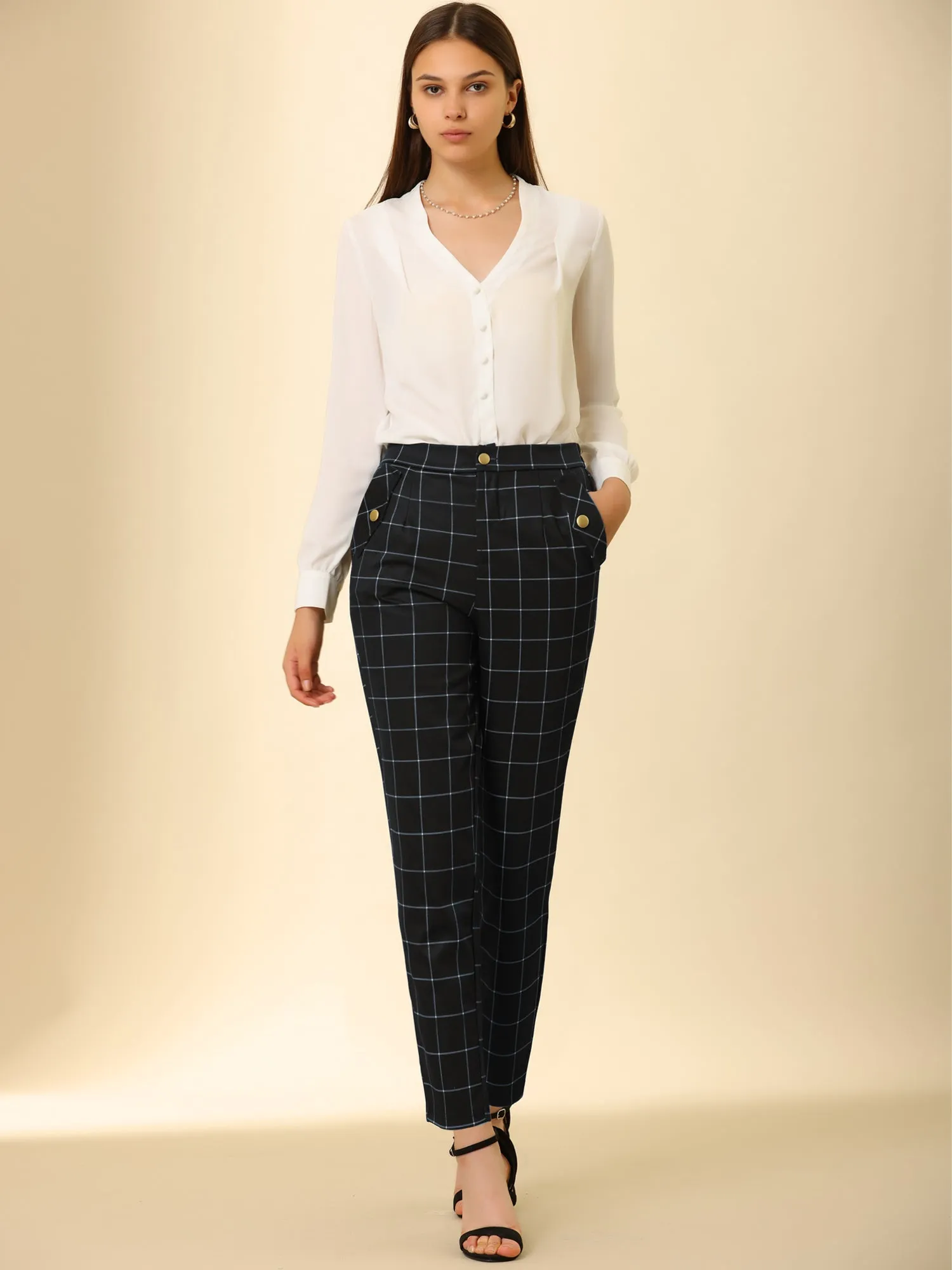 Vintage Tartan Plaid Pants Elastic Waist Straight Long Trousers sold by Allegra K product image thumbnail 2