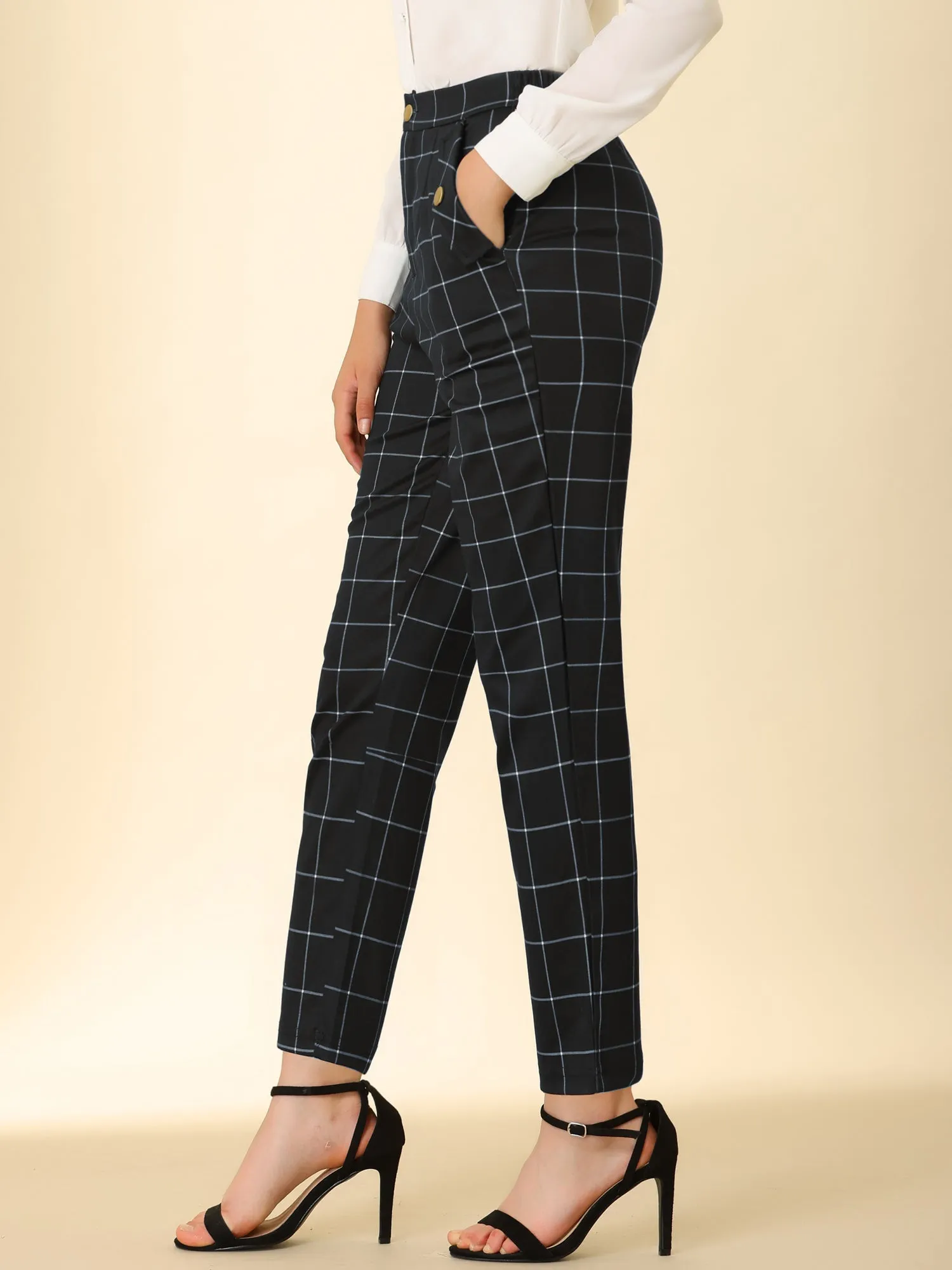 Vintage Tartan Plaid Pants Elastic Waist Straight Long Trousers sold by Allegra K product image thumbnail 4