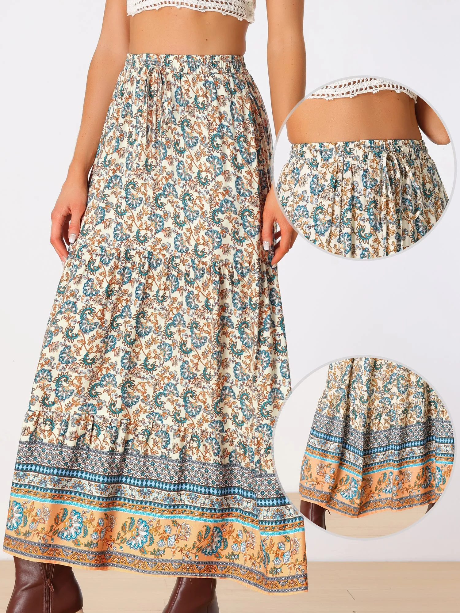 Boho Casual Bohemian Floral Printed Elastic Waist Maxi Skirt sold by Allegra K product image thumbnail 2