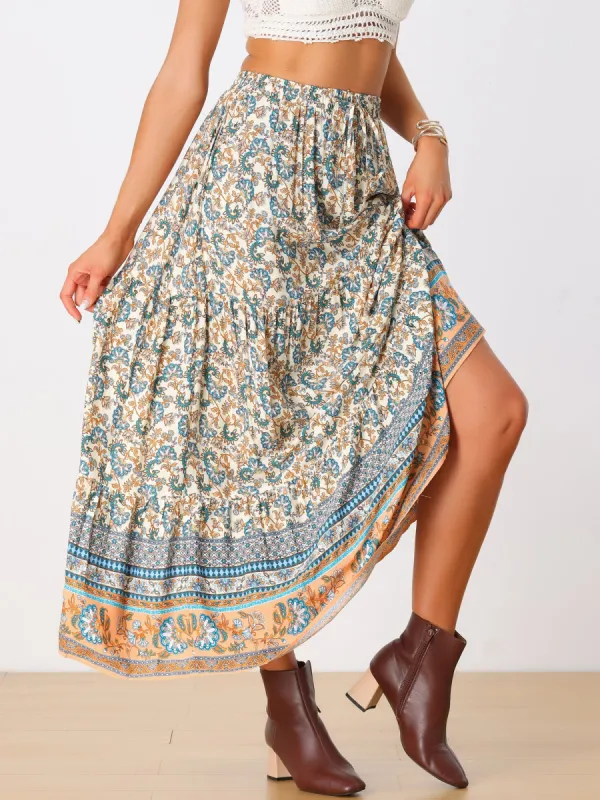 Boho Casual Bohemian Floral Printed Elastic Waist Maxi Skirt sold by Allegra K