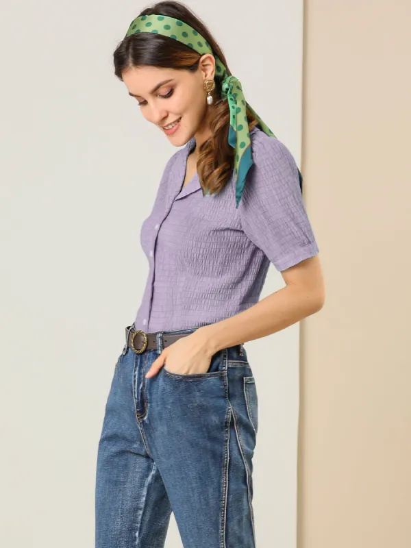 Peasant Shirt Collared Button Down Textured Puff Sleeve Blouse sold by Allegra K