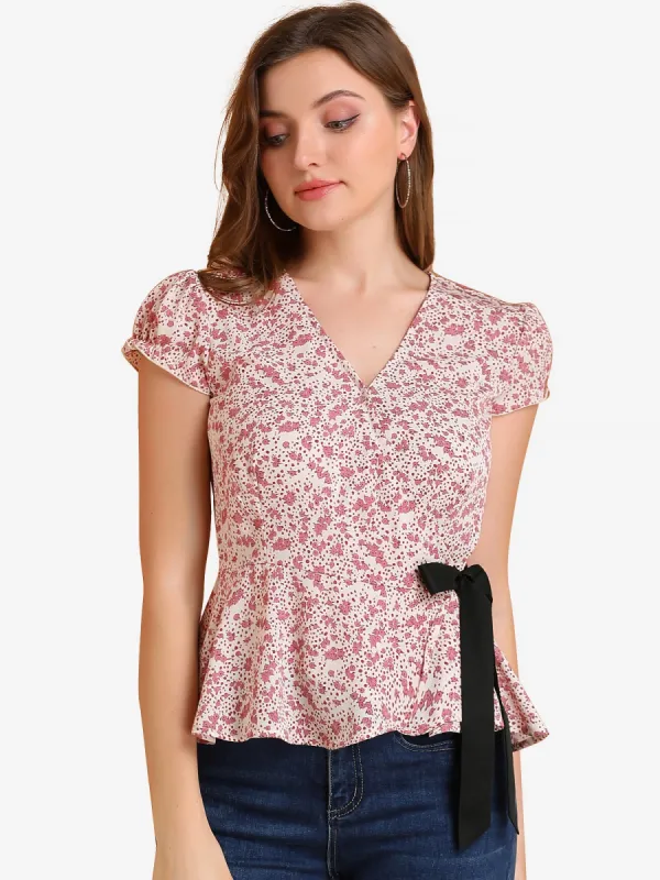 Floral Print V Neck Blouse Tie Waist Cap Sleeve Warp Peplum Top sold by Allegra K