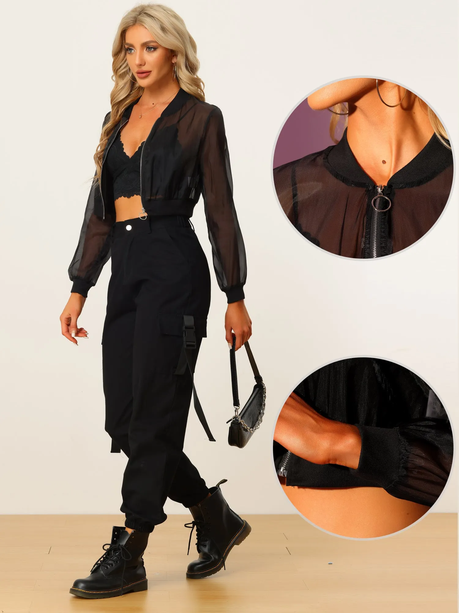 Bomber Long Sleeve Crop Mesh Sheer Zip Up Jackets sold by Allegra K product image thumbnail 2