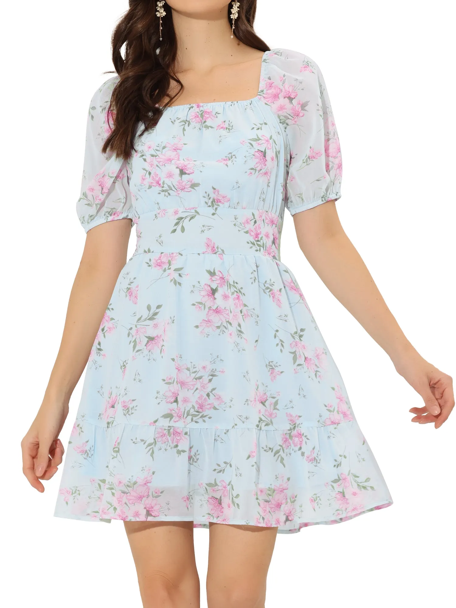 Floral Print Square Neck High Waist Summer Mini Dress sold by Allegra K product image thumbnail 5