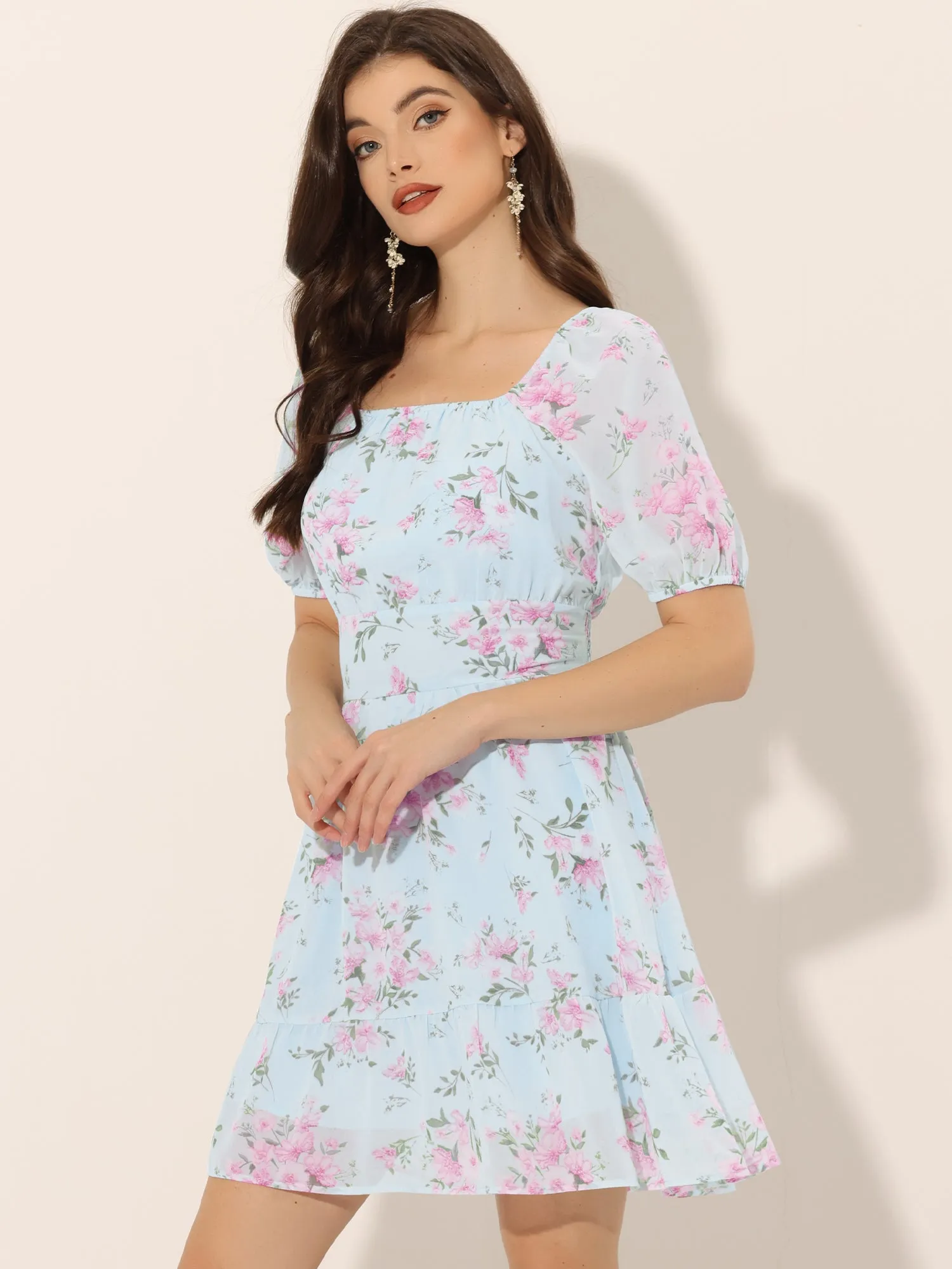 Floral Print Square Neck High Waist Summer Mini Dress sold by Allegra K product image thumbnail 2