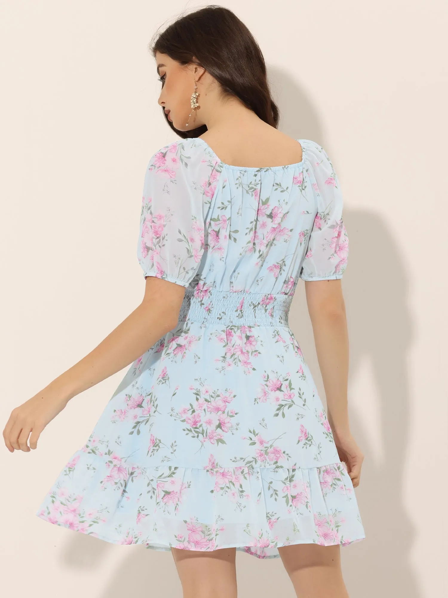 Floral Print Square Neck High Waist Summer Mini Dress sold by Allegra K product image thumbnail 3