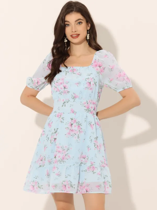 Floral Print Square Neck High Waist Summer Mini Dress sold by Allegra K