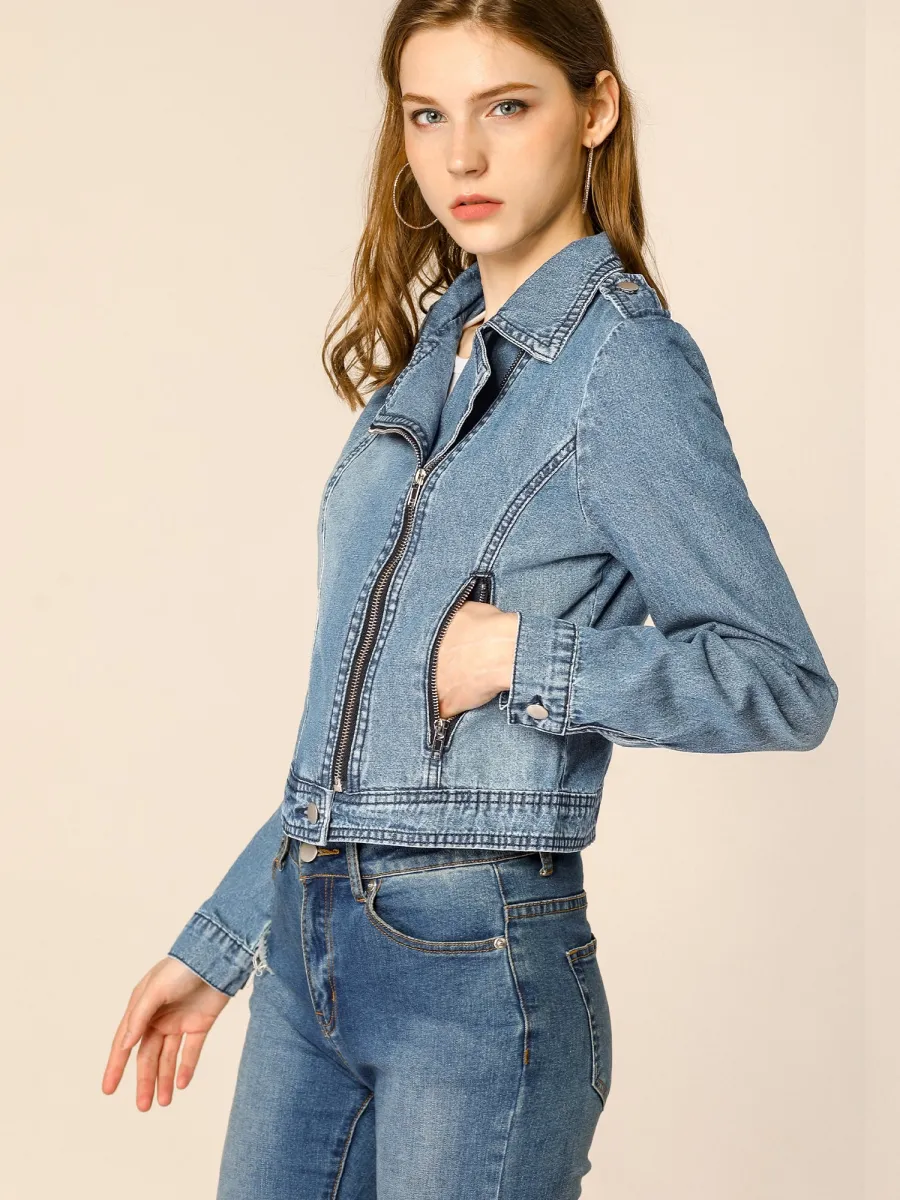Biker Notched Lapel Asymmetric Zip Moto Denim Jackets sold by Allegra K
