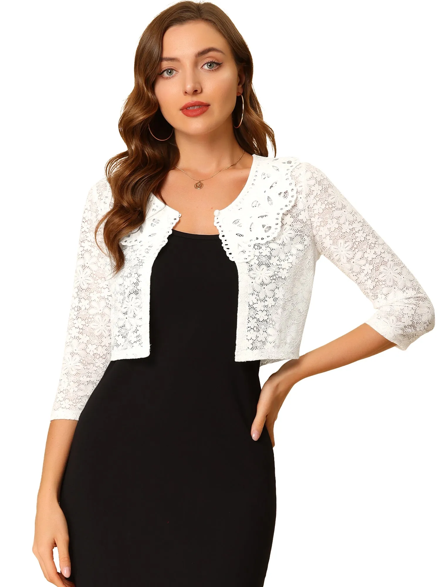 Crop Semi-Sheer Cardigan 3/4 Sleeve Peter Pan Collar Lace Shrug sold by Allegra K product image thumbnail 2