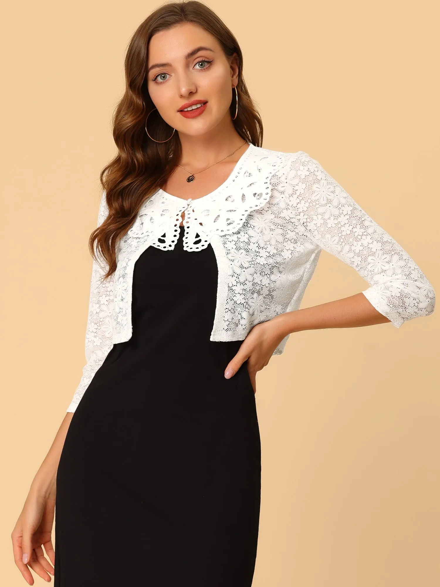 Crop Semi-Sheer Cardigan 3/4 Sleeve Peter Pan Collar Lace Shrug sold by Allegra K product image thumbnail 3