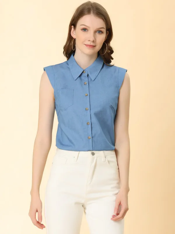 Button Down Sleeveless Solid Collar Office Work Chambray Shirt sold by Allegra K