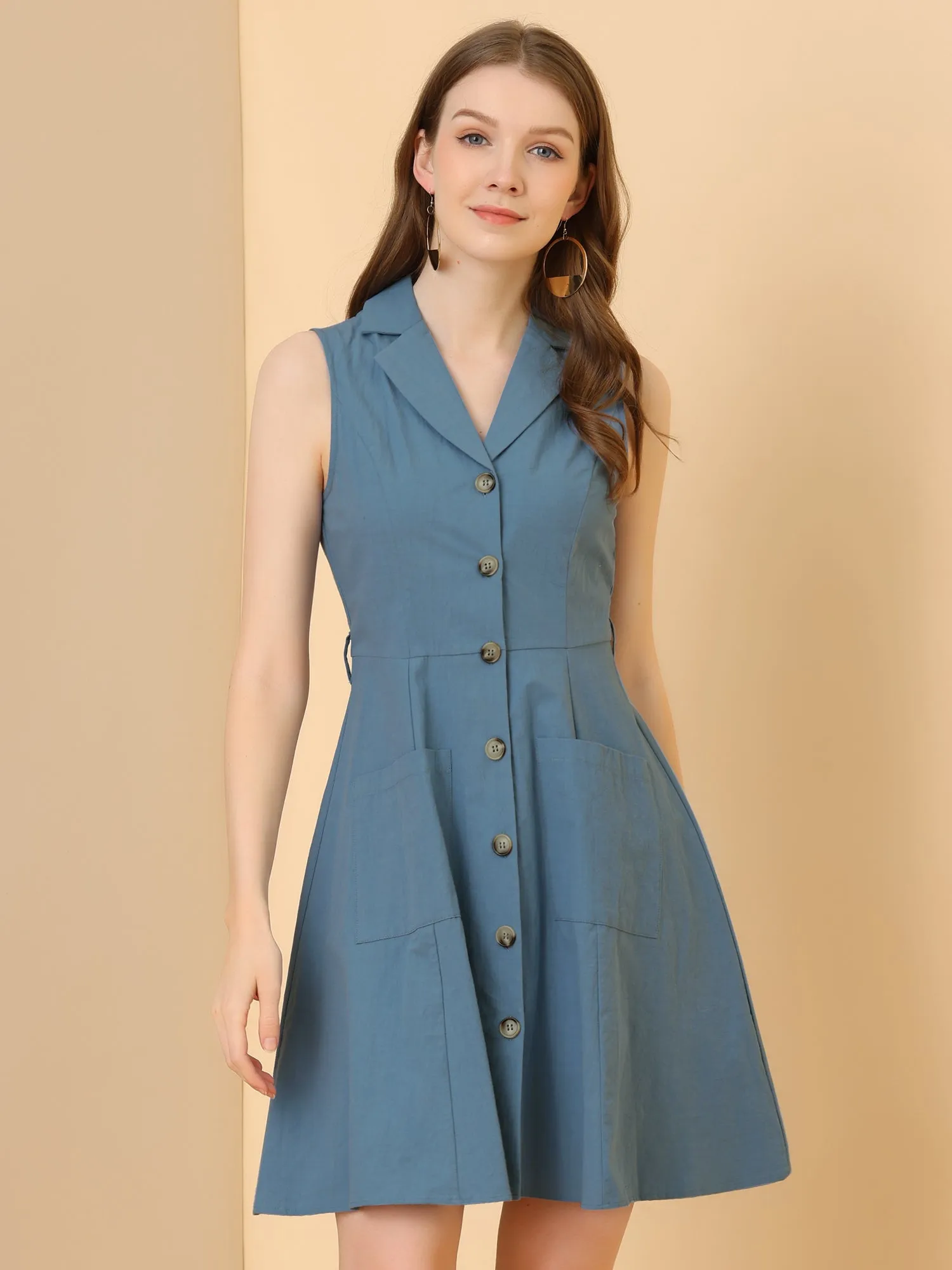 Button Down Notched Lapel Belted Sleeveless Shirt Dress sold by Allegra K product image thumbnail 2