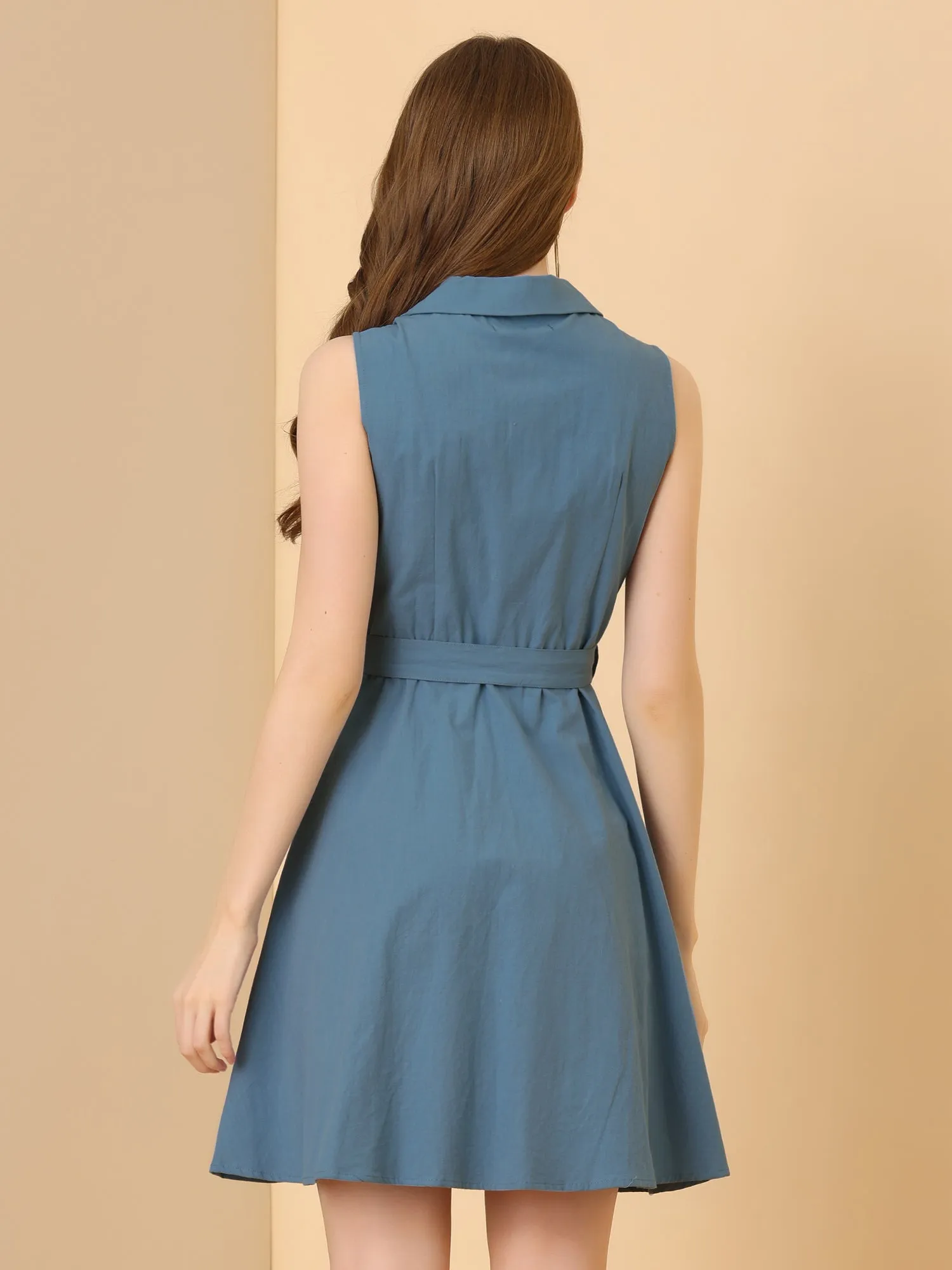 Button Down Notched Lapel Belted Sleeveless Shirt Dress sold by Allegra K product image thumbnail 4