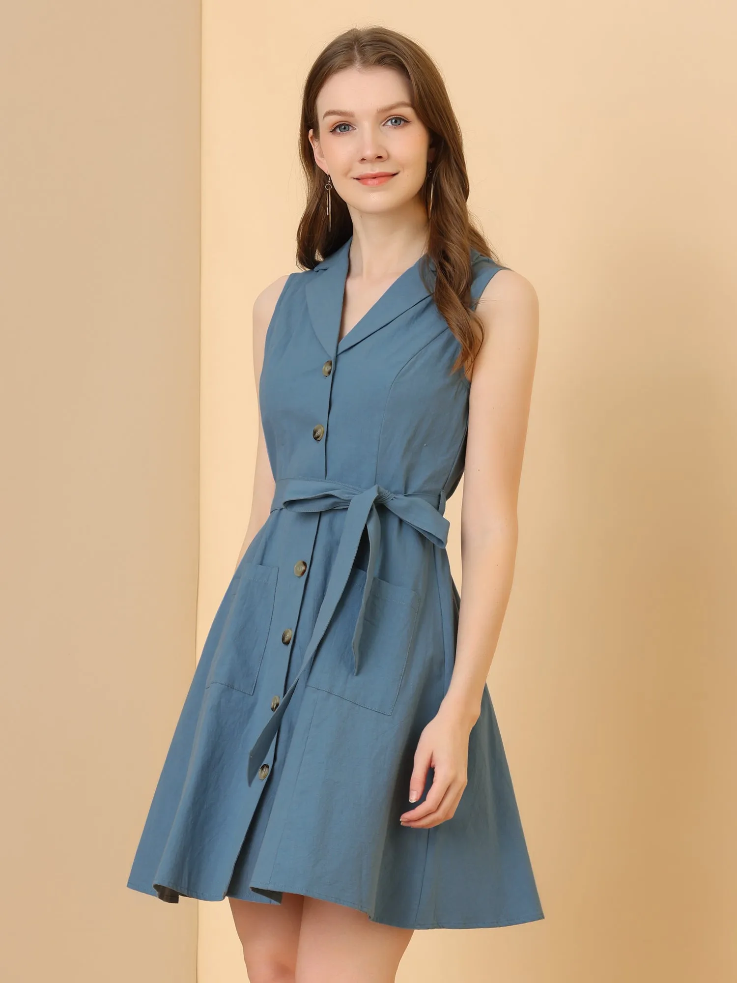 Button Down Notched Lapel Belted Sleeveless Shirt Dress sold by Allegra K product image thumbnail 3