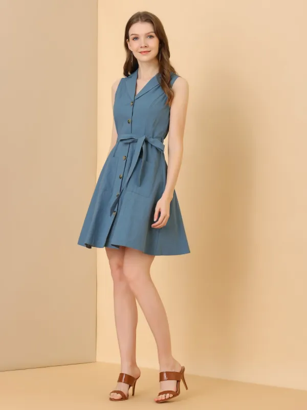 Button Down Notched Lapel Belted Sleeveless Shirt Dress sold by Allegra K