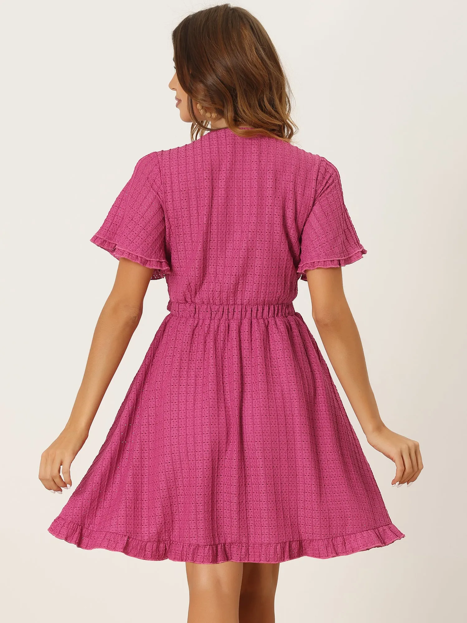 Lace-Up Tie Front Bell Sleeve Textured Ruffled A-Line Cut-Out Midi Dress sold by Allegra K product image thumbnail 2