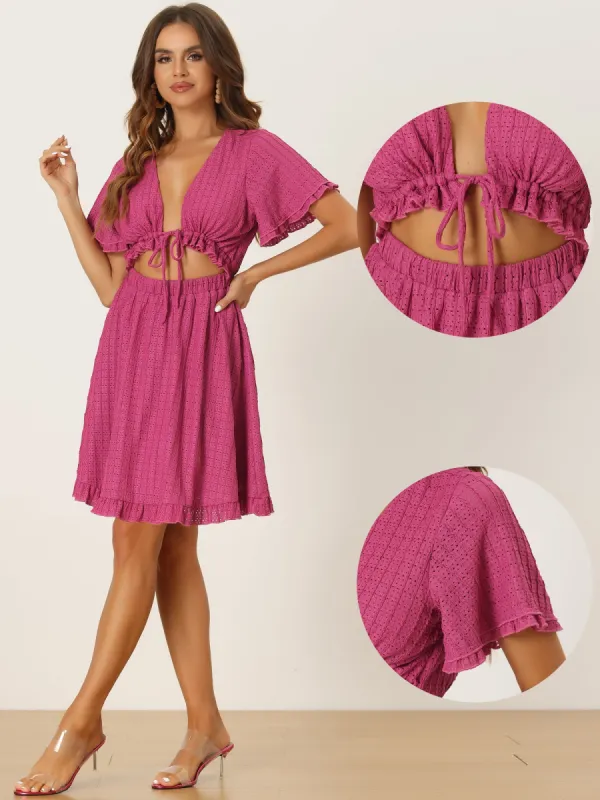 Lace-Up Tie Front Bell Sleeve Textured Ruffled A-Line Cut-Out Midi Dress sold by Allegra K
