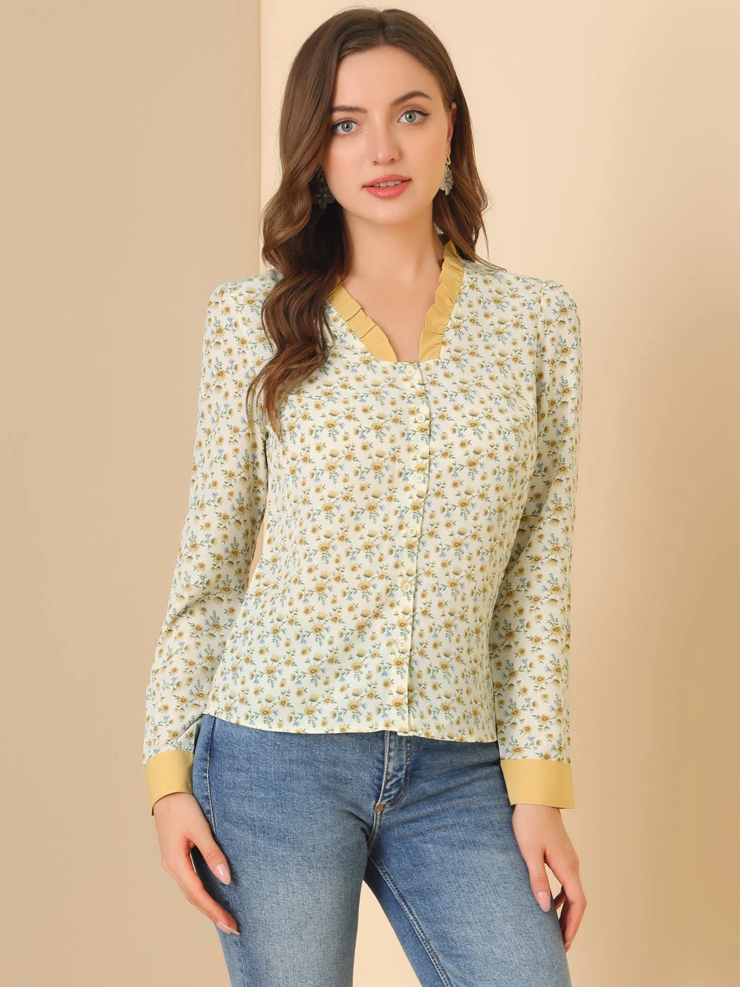 V Neck Ruffle Contrast Collar Long Sleeve Button Front Floral Shirt sold by Allegra K