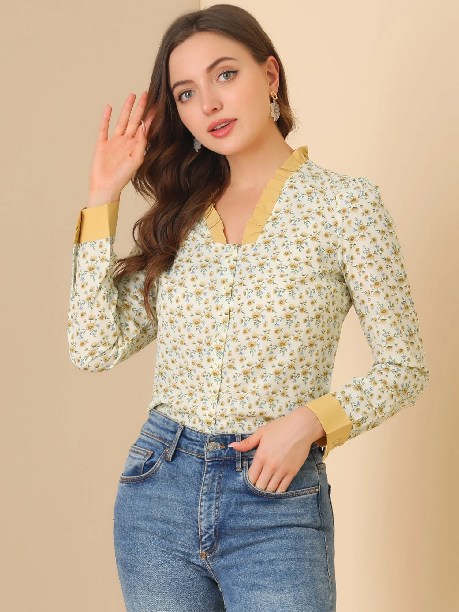 V Neck Ruffle Contrast Collar Long Sleeve Button Front Floral Shirt sold by Allegra K product image thumbnail 2